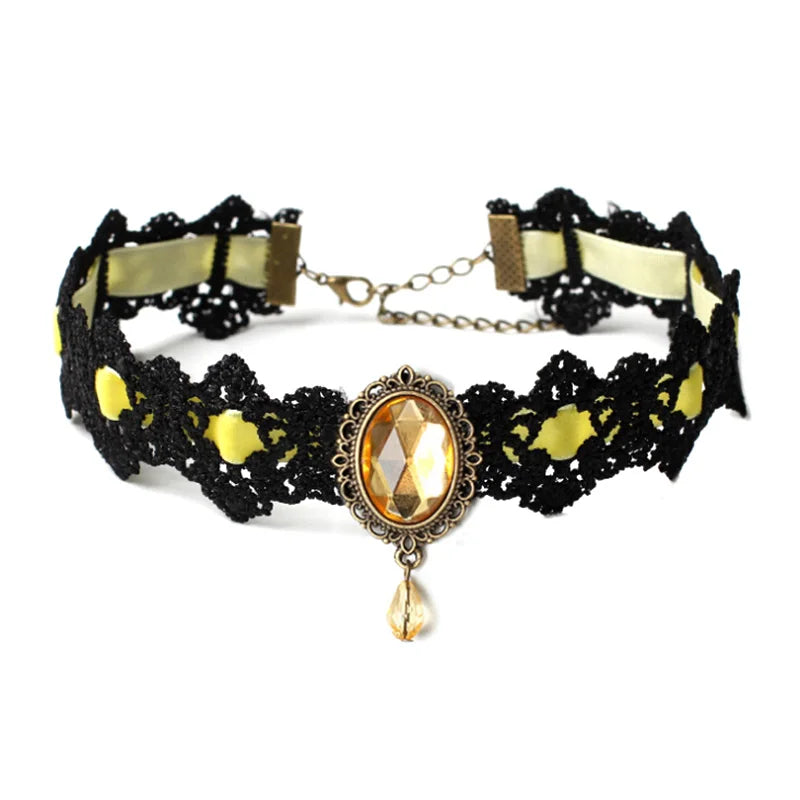 Black Lace Necklace Collar Choker Velvet Crystal Vintage Gothic Chain Pendant Oasis Select Yellow