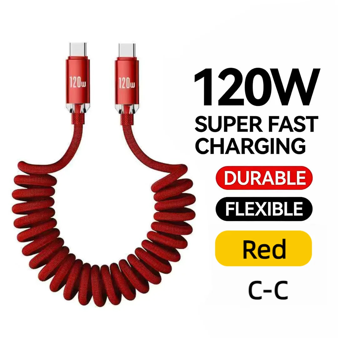 120W Spring USB Type C Cable Fast Charging For Huawei Xiaomi Mobile Phone Type C To USB C Cable For iPhone 15 16 Samsung Cable Oasis Select C to C Red 1m