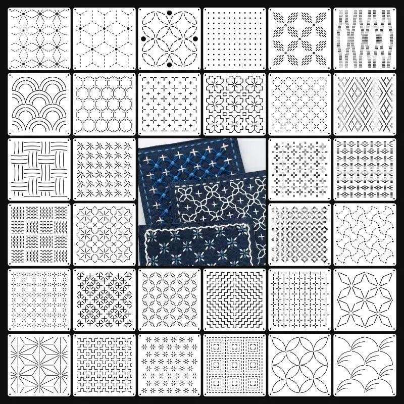 9/32Pcs Sashiko Embroidery Template DIY Geometric Patchwork Stencil Reusable PET Stencil Handmade Embroidery Handicraft Tools Oasis Select 32Pcs