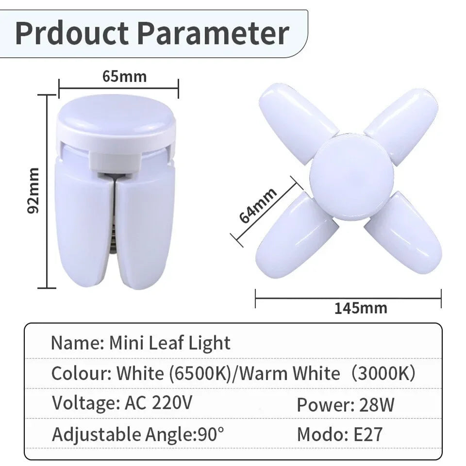 E27 28W Foldable Fan LED Bulb 360° 6500K Garage & Home Light
