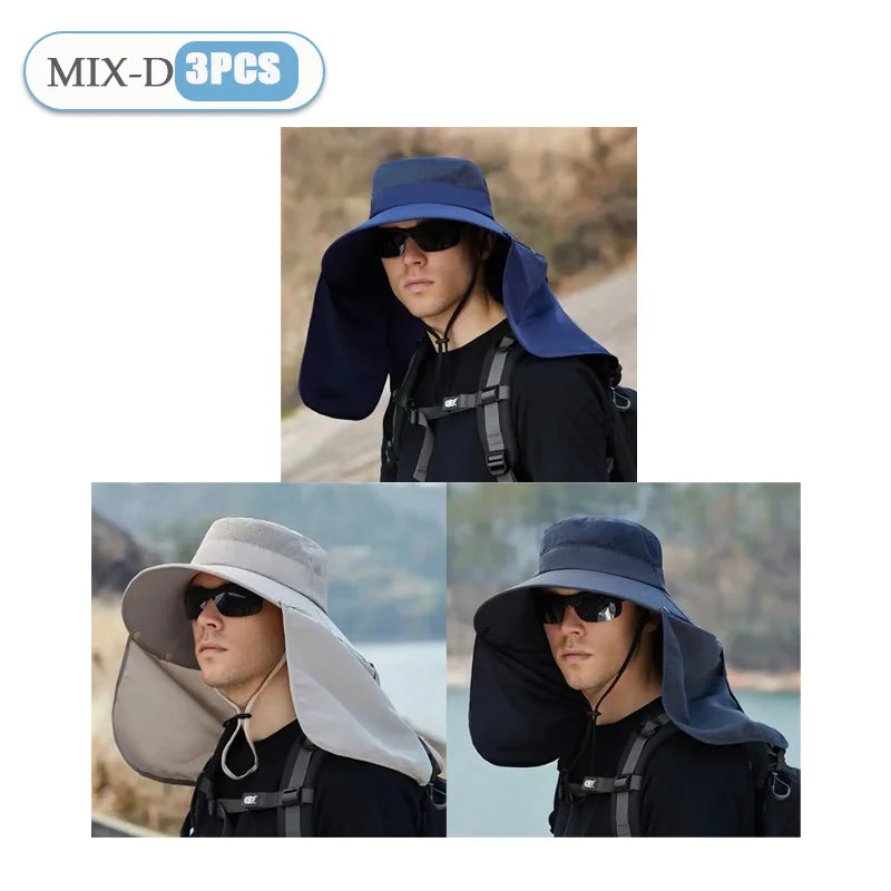 Fishing Hat for Men Summer Outdoor Sun Protection Cap with Neck Flap Wide Brim Fisherman Hat for Hiking Camping Beach Oasis Select MIX-D-3PCS