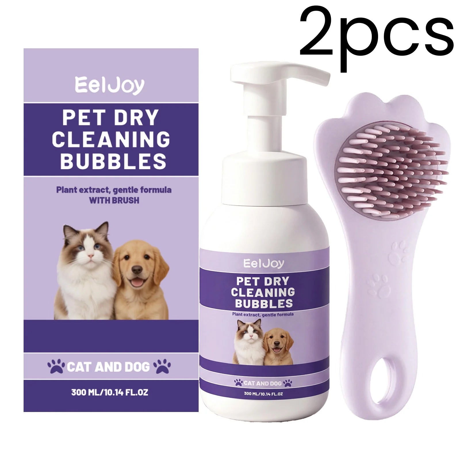 EelJoy No-Rinse Pet Dry Shampoo Foam + Brush 300ml Waterless Pet Shampoo Oasis Select 2pcs