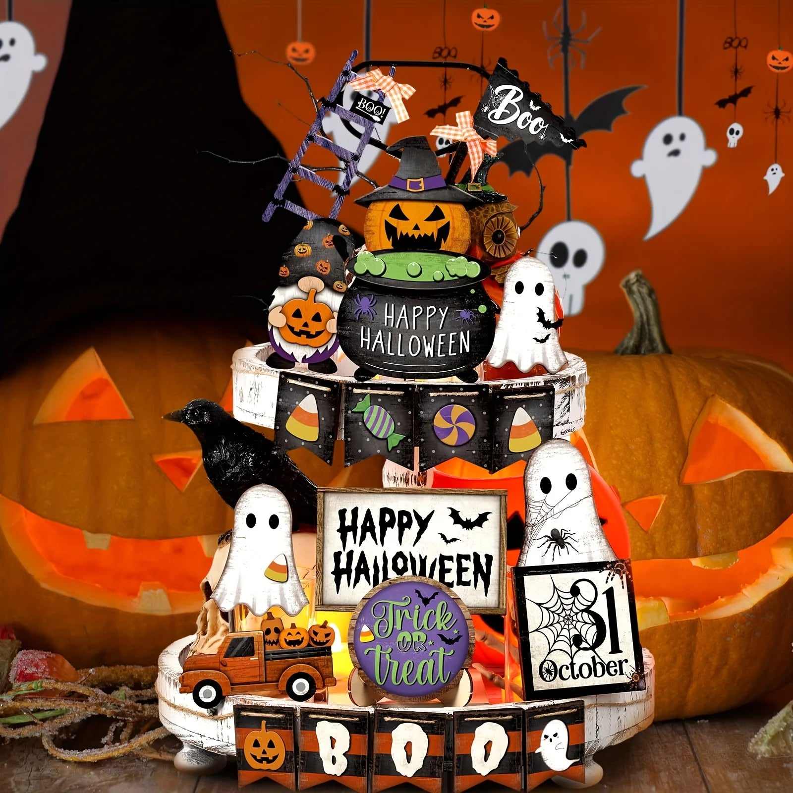 21-piece Halloween multi-layer plate decoration set, for home decoration, tabletop kitchen decoration, plates not included Oasis Select