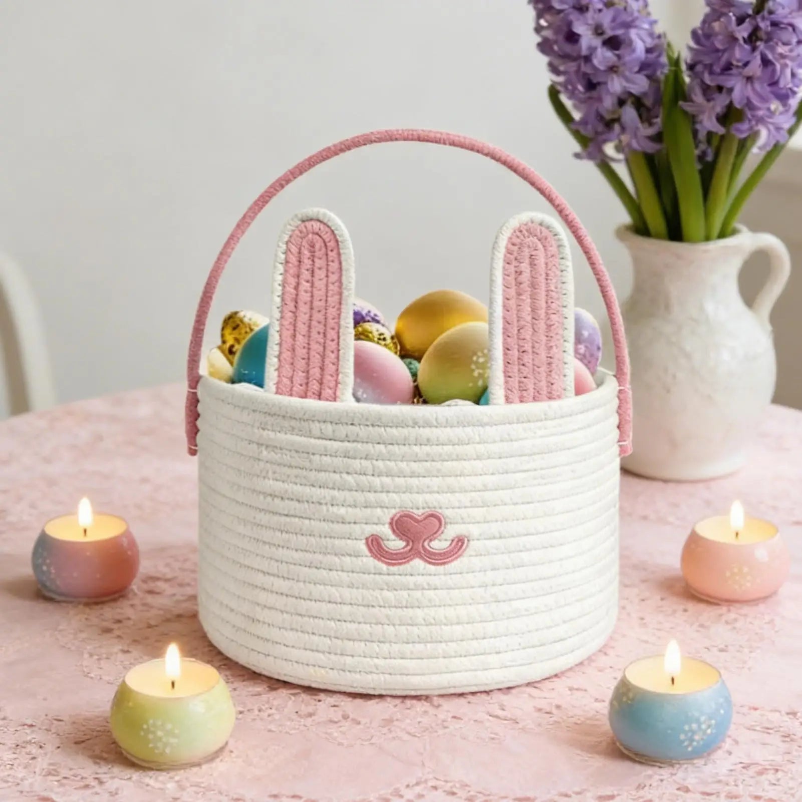 Easter Bunny Basket for Kids Cotton Rope Egg Hunt Container Easter Bunny Baskets with Handle for Toys Snacks Party Holiday Oasis Select