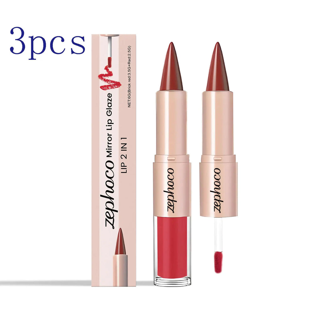 Brick Red 2-in-1 Mirror Lip Gloss & Liner – Long-Lasting