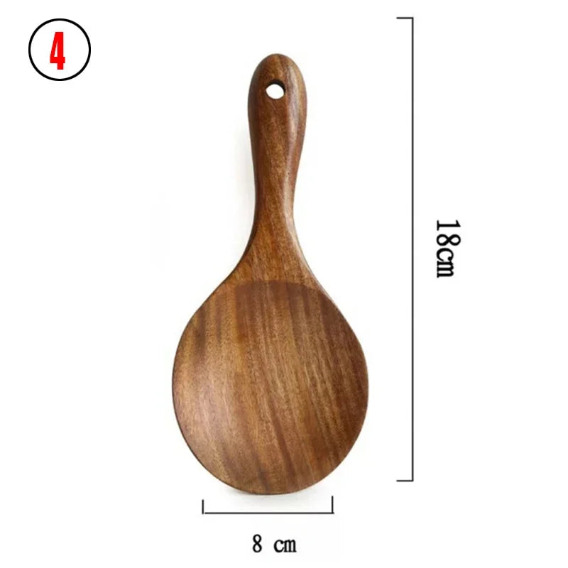 7pcs/set Teak Natural Wood Tableware Spoon Ladle Turner Rice Colander Soup Skimmer Cooking Spoon Scoop Kitchen Reusable Tool Kit Oasis Select 4