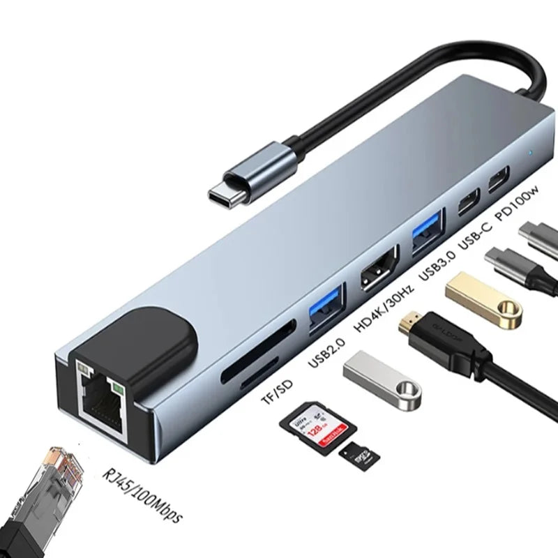 Type C 3.1 To 4K HDMI Adapter with RJ45 100Mbps Ethernet Adapter SD/TF Card Reader PD 100W Charge for MacBook Notebook Laptop Oasis Select