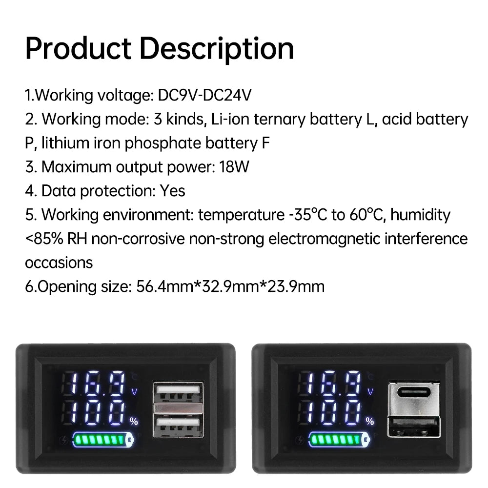 ZFX-3079 Acid Battery lithium DC 9~24V Universal LED Dual Digital Display Power Indicator Dual Interface Voltmeter USB Type-C Oasis Select