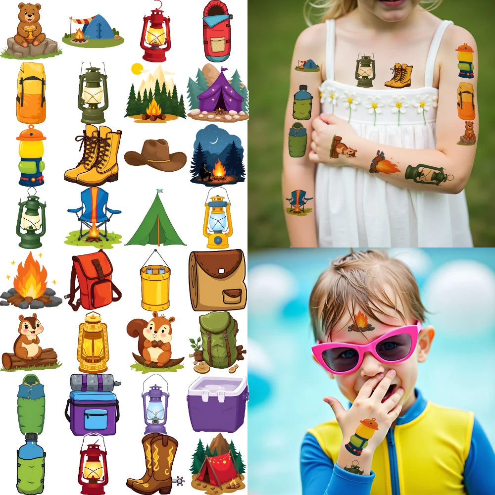 63pcs Camping Temporary Tattoo Stickers for Kids – Waterproof Temporary Tattoo Set Oasis Select