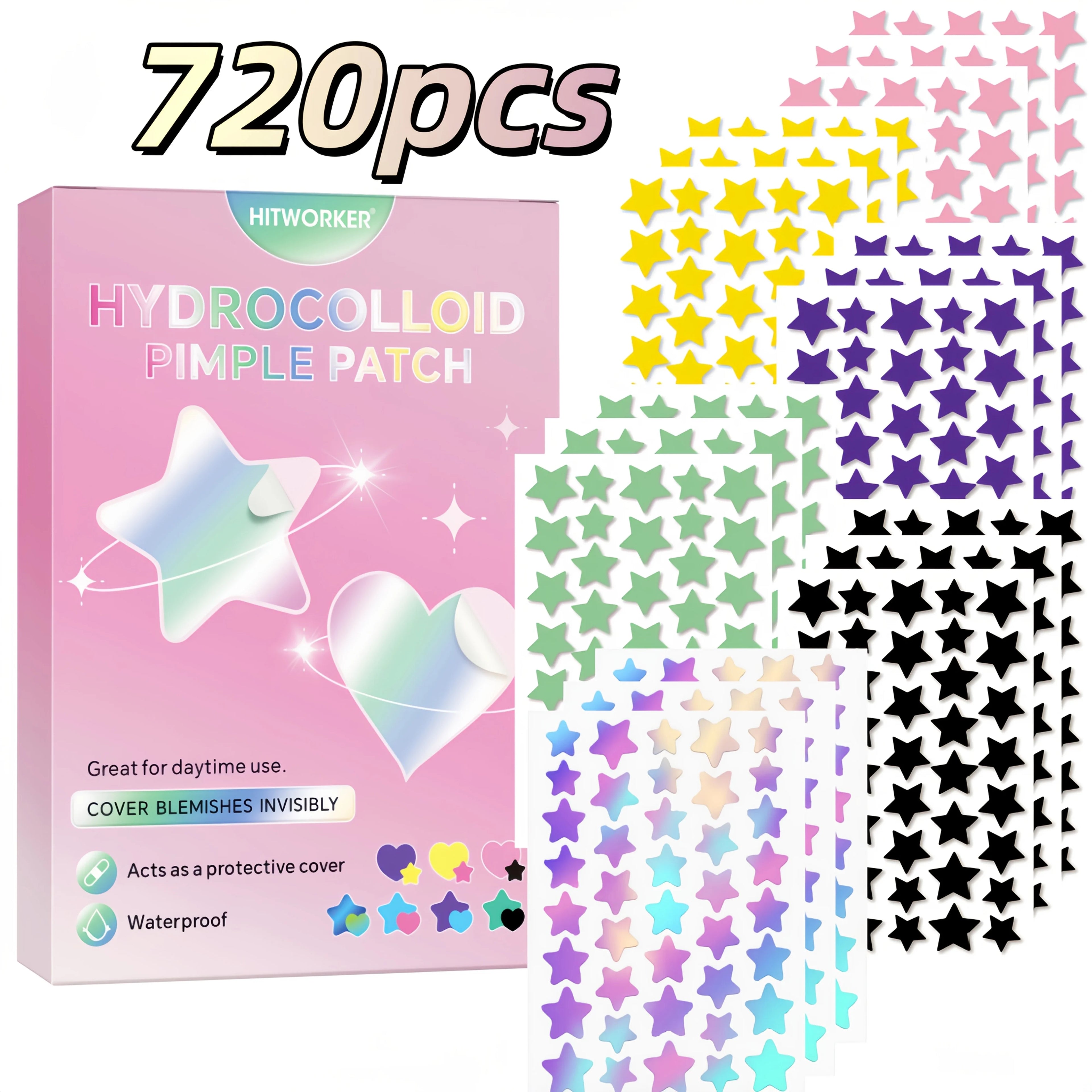 Water based colloidal star shaped 6-color acne patch, 720/480 tablets/box - alcohol free, used to absorb acne secretions Oasis Select 720pcs