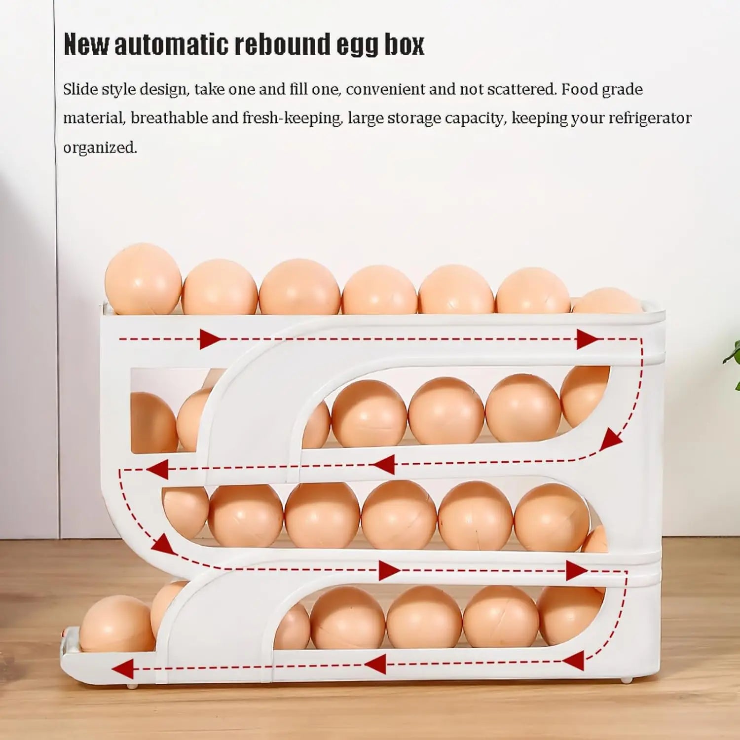 4-Tier Rolling Egg Holder Egg Etorage Space-Saving Auto-Feed Egg Container for Refrigerator Eggs 18 Count Kitchen Organizer Oasis Select