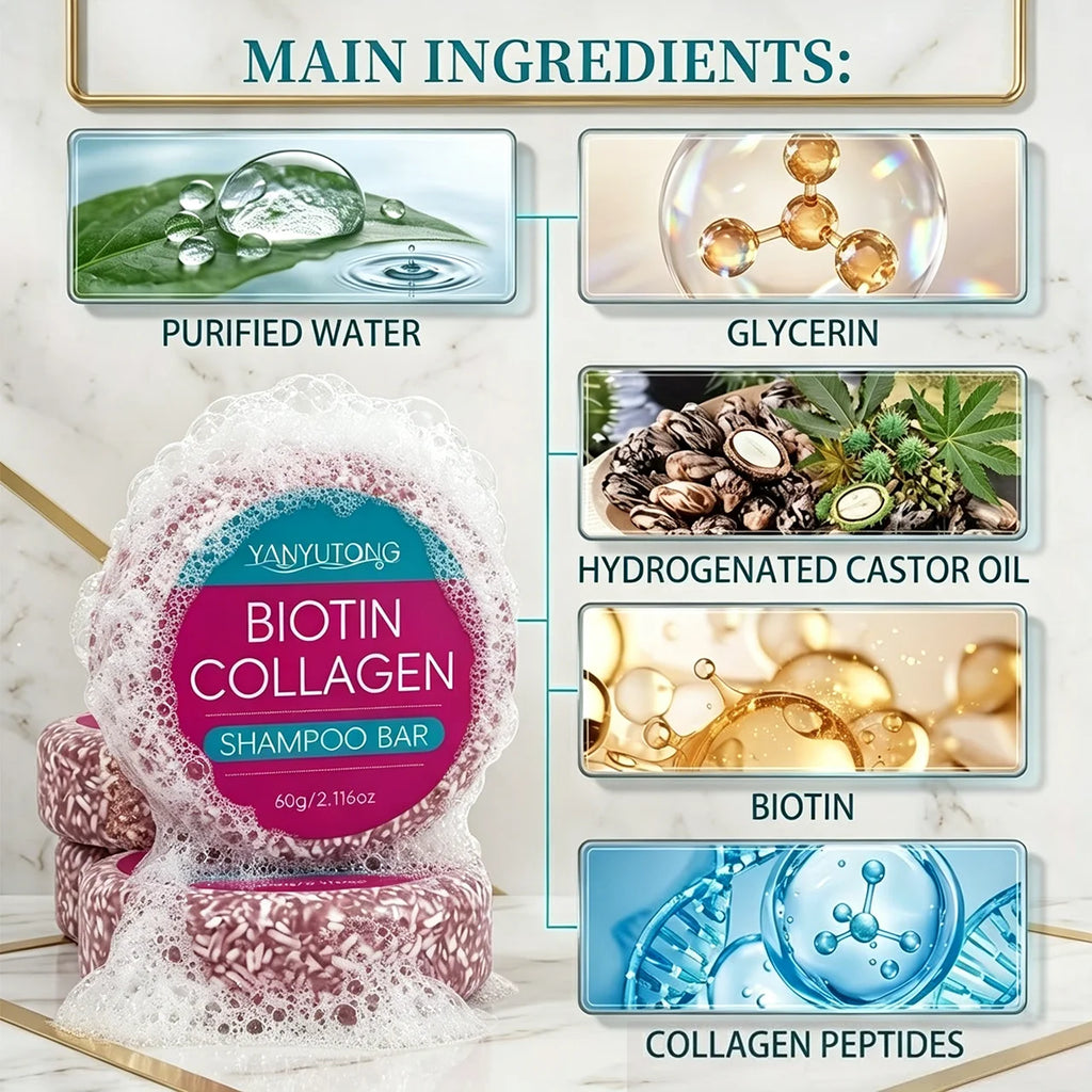 Biotin-enriched collagen shampoo bar provides hydration and nourishment, deeply nourishes the scalp, cleans gently, and protects Oasis Select