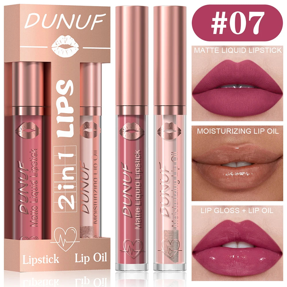 DUNUF Lip Gloss And Lip Oil Set 2-Piece Long-Lasting Waterproof Matte Moisturizing Non-Fading Lipstick Collection Oasis Select 07