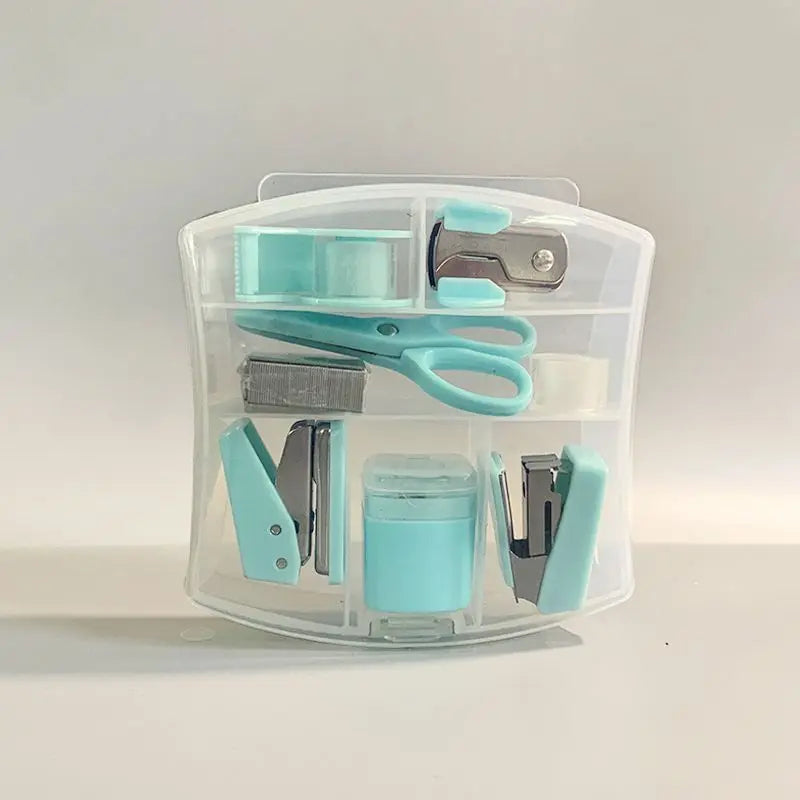 8PCS portable office school mini stationery gift box, including puncher, stapler, small tape, pencil case, scissors, 500 staples Oasis Select SKY BLUE