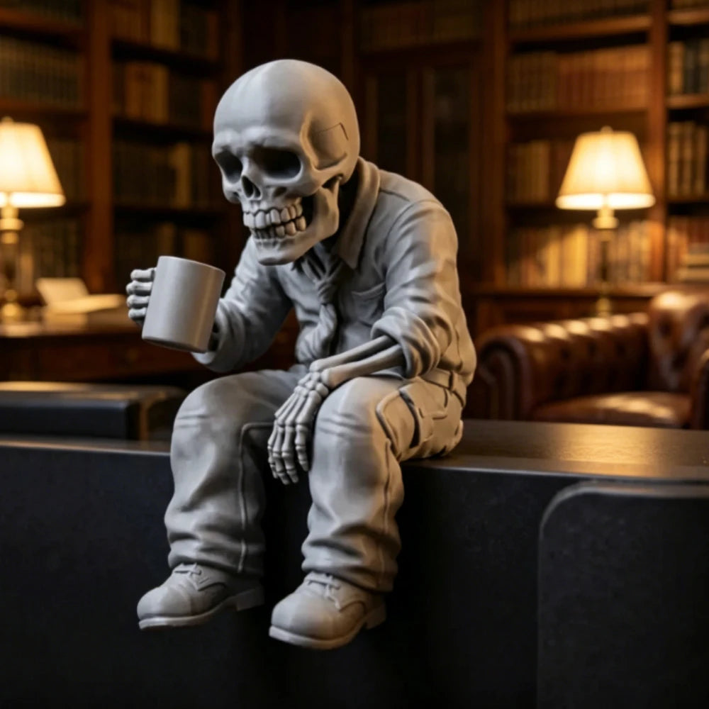 Seated Eerie Office Worker Skeleton Figurine 3D Printed Coffee Drinking Skull Desk Ornament for Humorous Home Office Decor Gifts Oasis Select