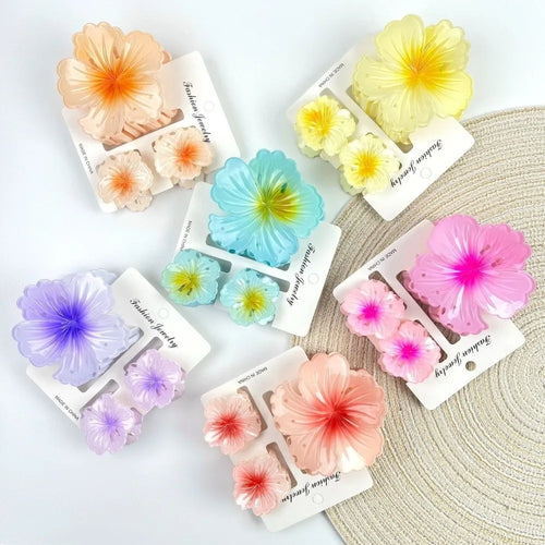 3Pcs/Set Gradient Hair Claws Hibiscus Acrylic Hawaiian Flower Hair Clip Clamp Sweet Flower Ponytail Clip Summer Hair Accessories Oasis Select