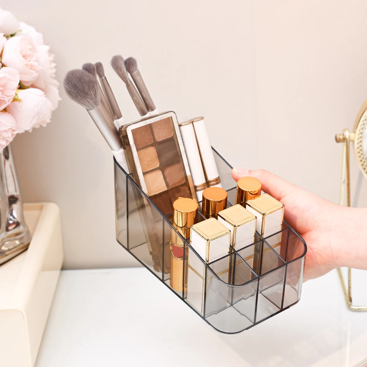 1pc Transparent/Transparent Black Cosmetics Storage Rack Multi Grid Makeup Brush Lipstick Makeup Brush Storage Box Oasis Select