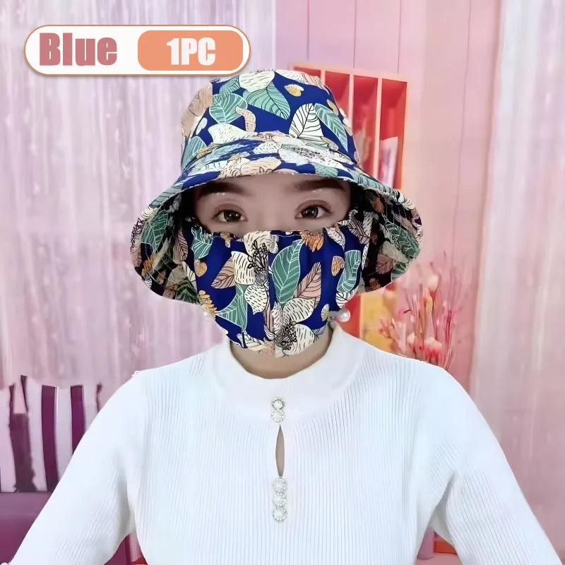 1-2PCS Women‘s Sun Hat with Face Mask UV Protection Summer Cycling Cap Breathable Quick Dry Outdoor Hiking Visor Oasis Select Blue-1PC
