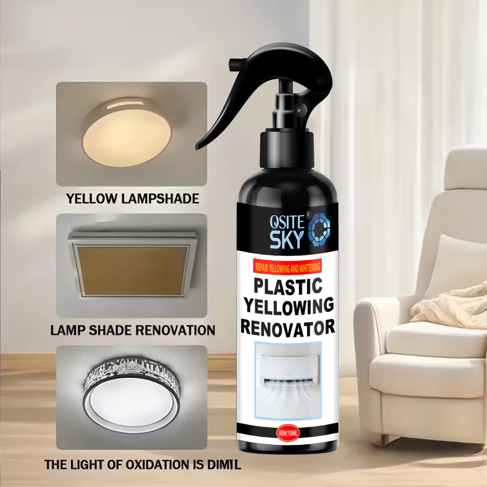Quick-Effect Plastic Yellowing Eliminator Spray - Robust Formula for Air Conditioning Units, Vehicle Headlights, Surfaces, Appli Oasis Select