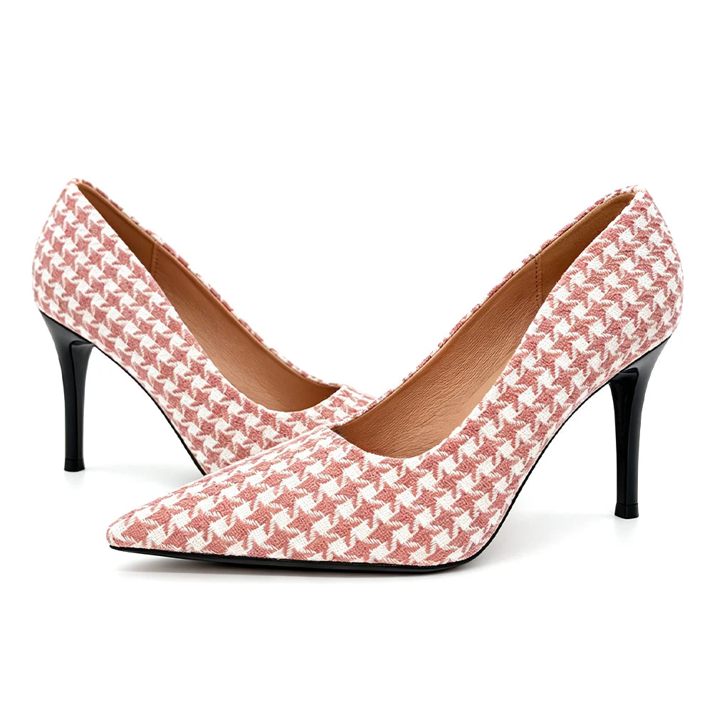 Women Pink Houndstooth Heels 9cm Vintage Plaid Pumps Office Party Shoes Comfortable Non Slip Coquette Ladies Daily Wear Fashion Oasis Select 38 Pink