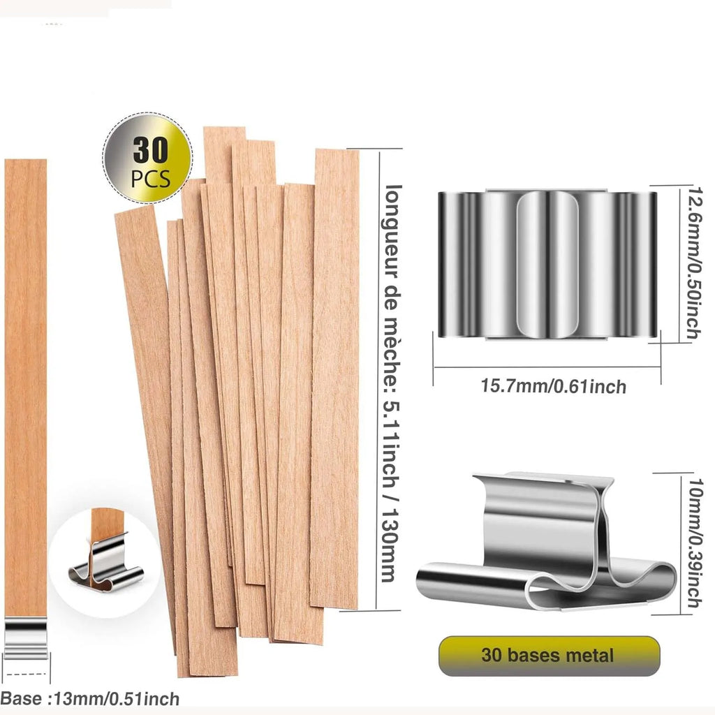 Natural Wooden Candle Wicks x30 + 30 Metal Bases – 13cm