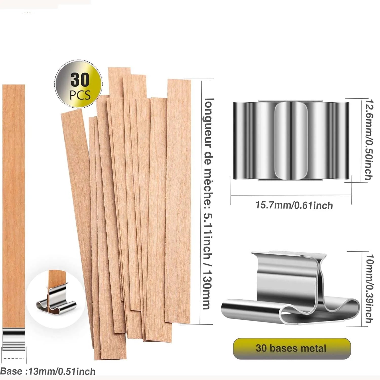 Natural Wooden Candle Wicks x30 + 30 Metal Bases – 13cm