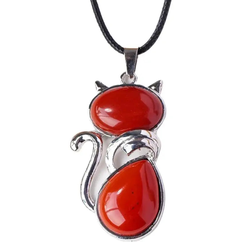 Natural Stone Cat Pendant – Amethyst, Tiger Eye & Crystal