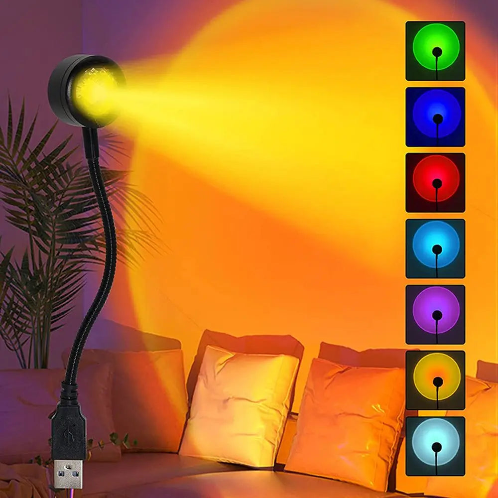 7 Colors Sunset Lamp USB Powered Rainbow Projector Lamp Bedroom Atmosphere Night Light 14 Modes Photography Background Lights Oasis Select