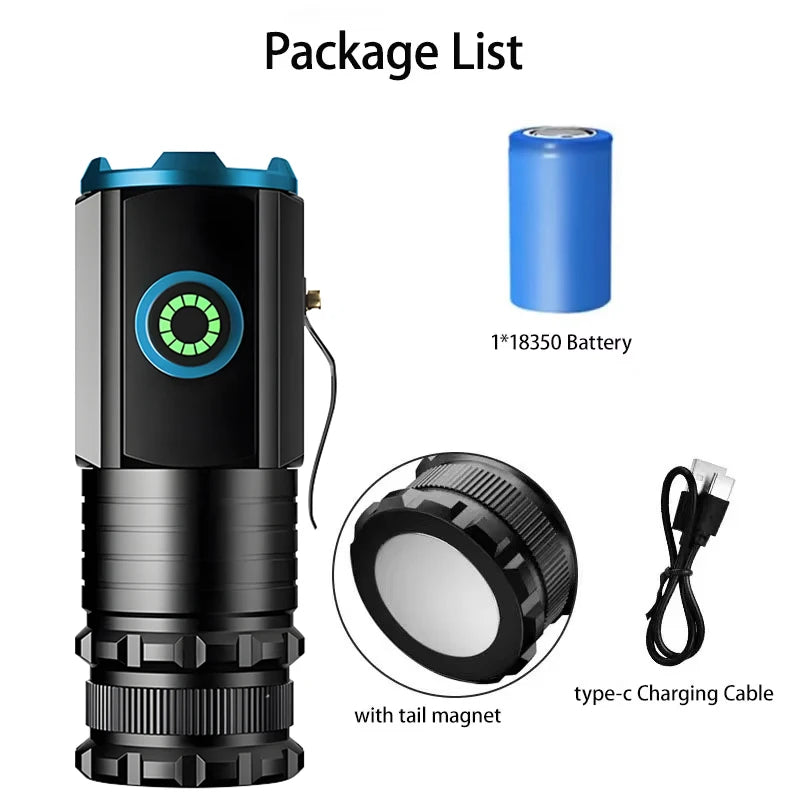 2000LM 3LED Mini Flashlight Powerful Type-C Rechargeable 18350 Battery Torch Lamp with Tail Magnet Tactical Lantern for Camping Oasis Select BLUE