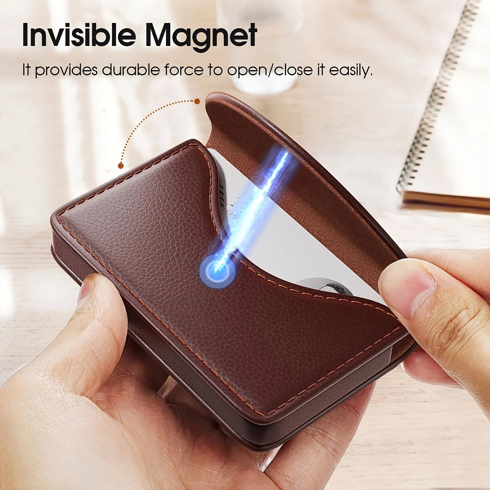 1pc Luxury Lychee Leather Business Card Holder,Large Capacity Metal Magnetic Closure,Desk Organizer for Office Photo Card Holder Oasis Select