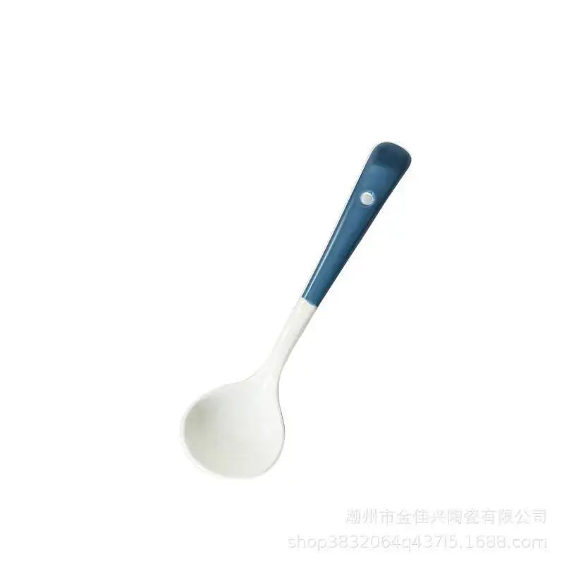 Ceramic Western Creative Spoon Dessert Coffee Stirring Spoon Children's Eating Small Round Spoon Household Kitchen Tablewear Oasis Select Two Color Blue