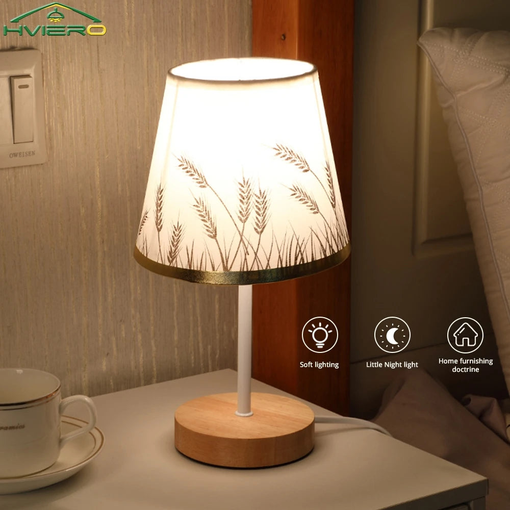 Nordic LED Desk Lamp – Wooden Base & Fabric Shade | USB Night Light