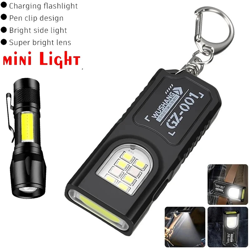 Multifunctional LED Flashlight Keychain Rechargeable Mini Torch with COB Work Light Keyring Torch Camping Walking Pocket Lamp Oasis Select 1PCS-MINI Torch
