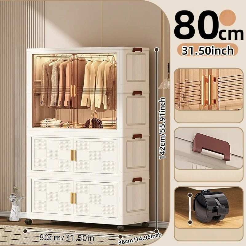 COIZYZZL 31.5 Inch Foldable Storage Wardrobe, 2-6 Tier Multi-Combos with Rolling Wheels, Large Capacity for Living Room/Bedroom Oasis Select Tawny 1Large 2Small