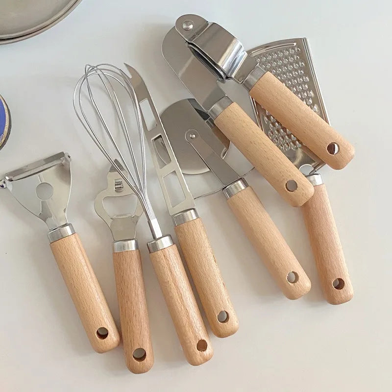 9pcs Cooking Utensils Set Wooden Handle Can Opener Baking Pizza Peeler Egg Beater Cheese Knife Ice Cream Spoon Kitchen Gadget Oasis Select