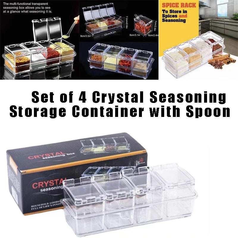 Clear Spice Seasoning Box Set of 4 with Spoons | Kitchen Storage Spice Storage Set Oasis Select