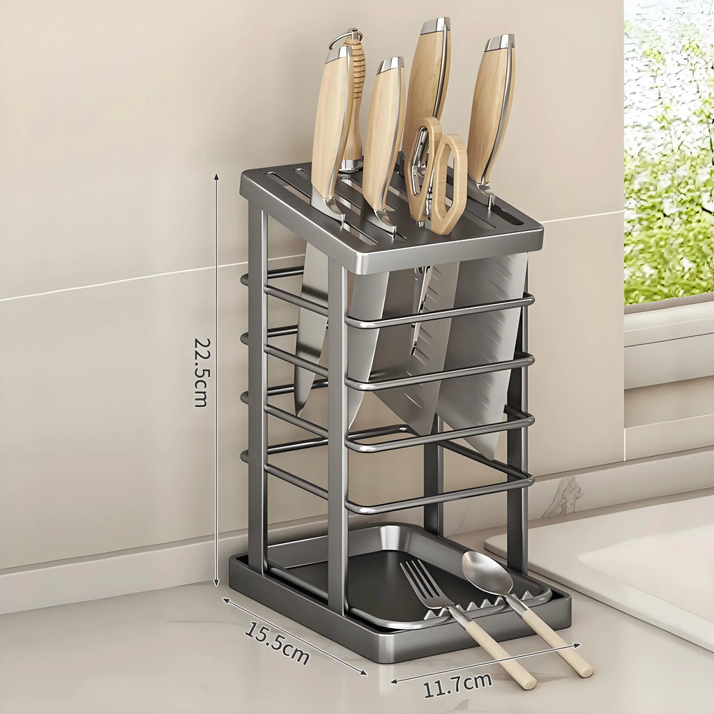 Stainless Steel Knife Holder With Tray Large Chef Knives Scissors Stand Kitchen Supplies Tool Storage Rack Home Organization Oasis Select Red