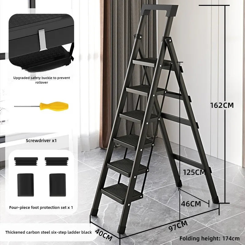 Home ladder stool folding zigzag ladder anti slip pedal ladder indoor and outdoor multifunctional portable ladder Oasis Select Six steps black