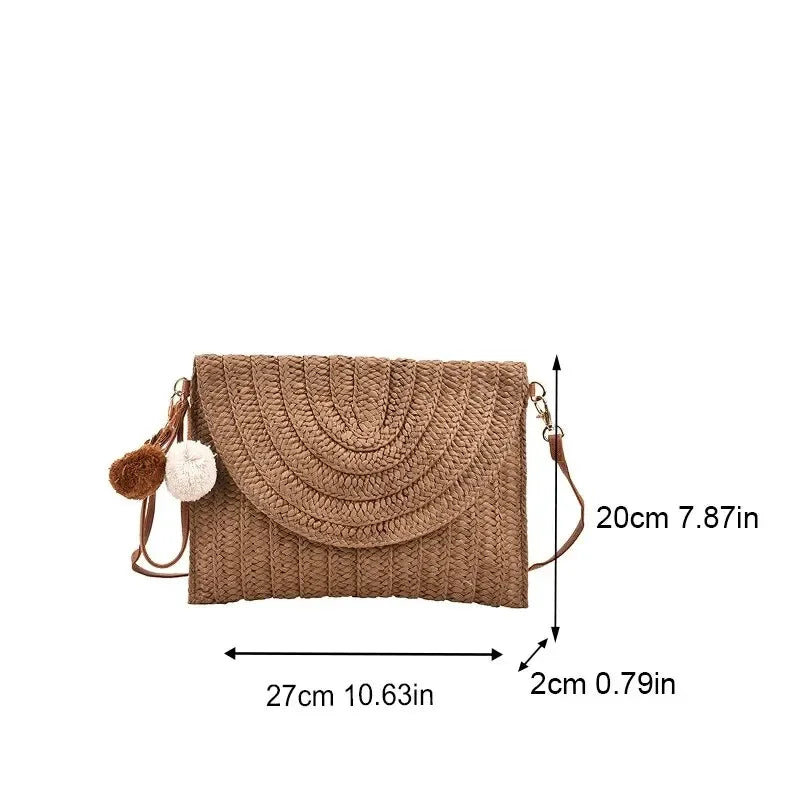 Handmade Straw Beach Shoulder Crossbody Bag Girls Envelope Woven Summer Small Hair Ball Cluth Oasis Select