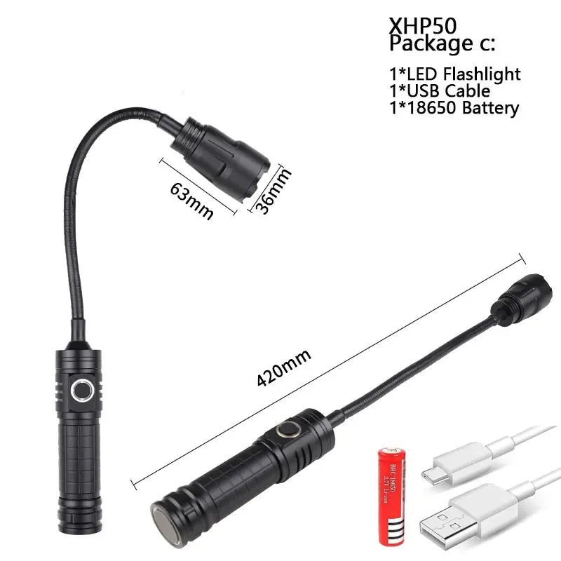 USB Rechargeable XHP50 LED Flashlight Flexible Pickup Tool Lamp with Magnet Zoomable Torch Multifunctional Foldable Flashlight Oasis Select Package C
