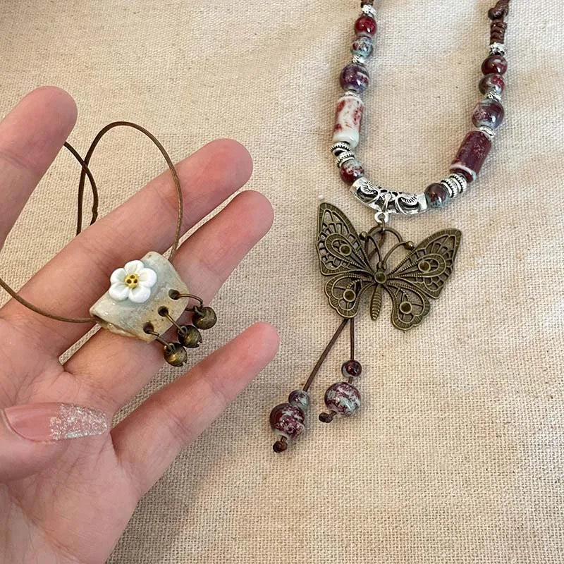 Vintage Ceramic Butterfly Pendant Necklace for Women 2025 New Chinese Ethnic Style Long Sweater Chain Necklace Jewelry Accessory Oasis Select