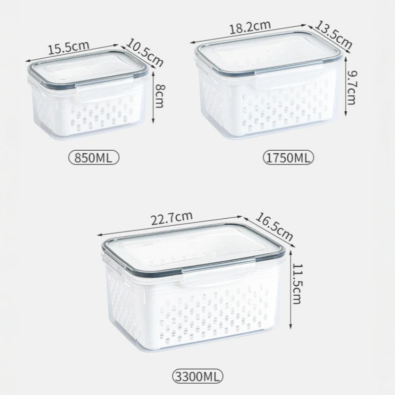 3Pcs/set Refrigerator Storage Containers, Airtight Produce Saver, Large Capacity Drain Basket, Dishwasher Safe Fresh Food Box Oasis Select