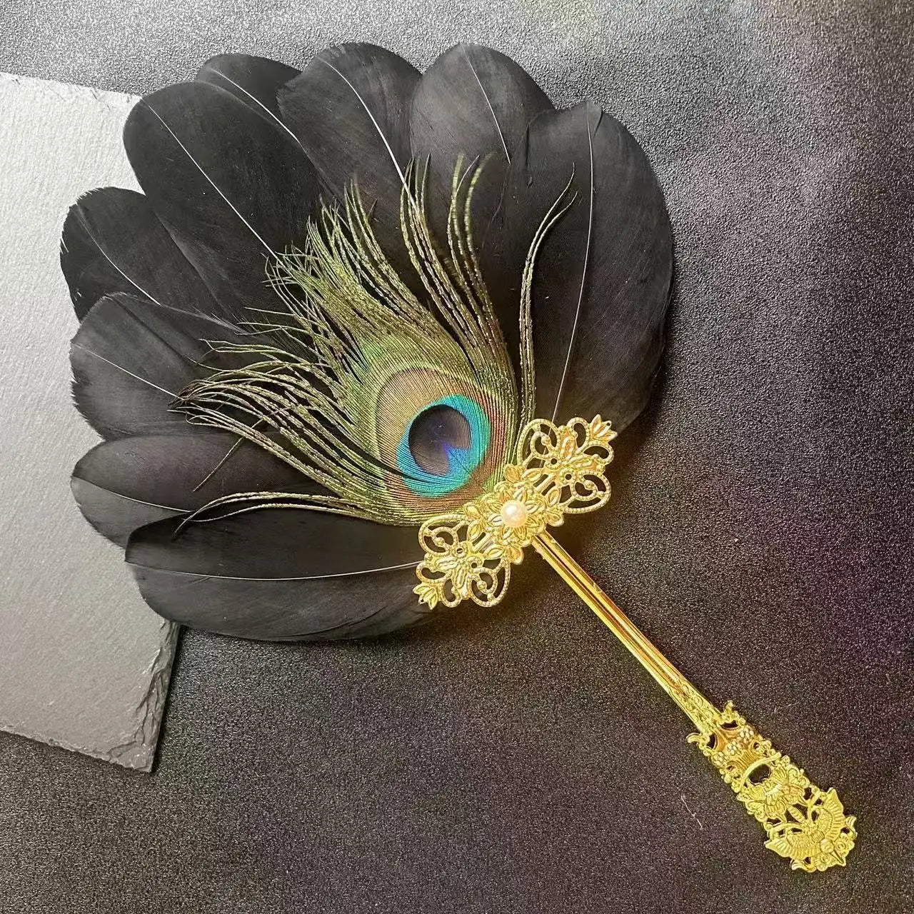 Feather Crafts Feather Fan Cosplay Props Dance Performance Decorative Craft Fan Antique Hanfu Handheld Cheongsam Dance Props Oasis Select Black