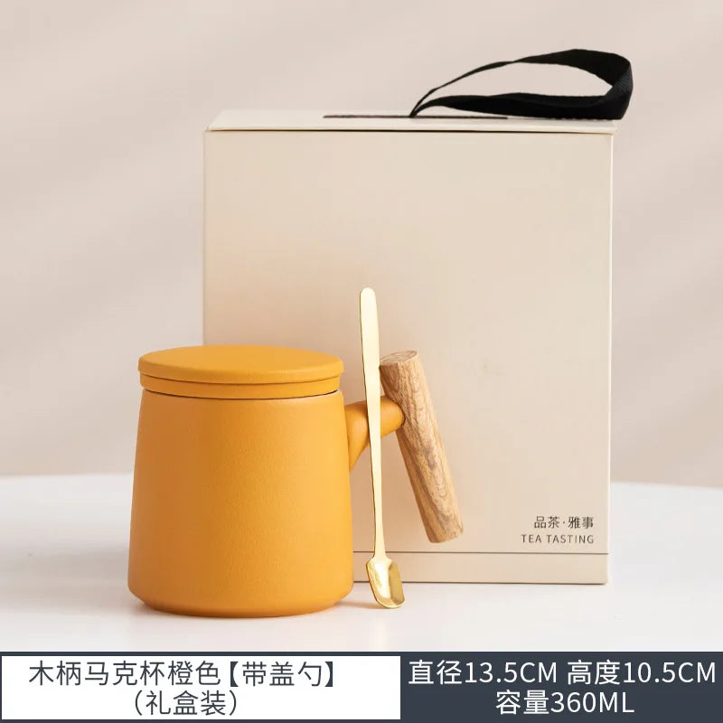 Office Wooden Handle Mug Japanese-style Ceramic Office Tea Cup Frosted Water Cup Three-piece Set with Lid Filter Mug Coffee Mug Oasis Select Orange gift box 301-400ml