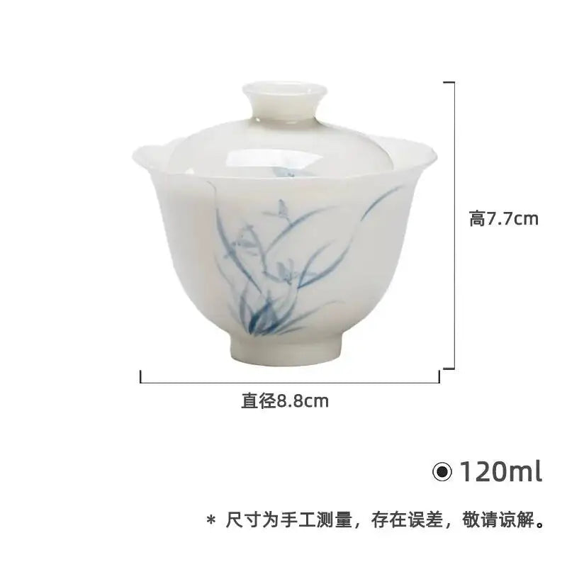 High Foot Flower Mouth Gaiwan Kung Fu Ceramic Hand-painted Blue And White Orchid Tea Bowl Household Oasis Select Nianlu Covered Bowl
