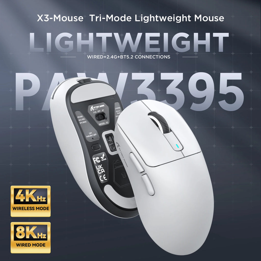 ATTACK SHARK X3 PRO 8K Mouse Wireless 8000Hz PAW3395 Sensor 59g Lightweight Tri Mode 2.4G BT5.2 Wired 26000DPI 68H Battery Oasis Select
