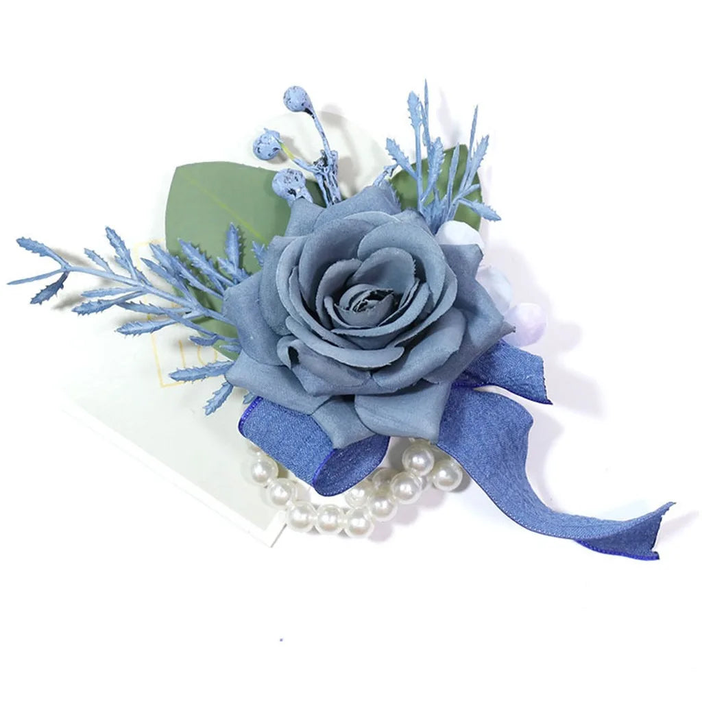 Blue Wedding Ribbion Wrist Corsage Boutonnière Fleur Artificielle Mariage Men Groom Fiori Da Polso Oasis Select Dark Blue-Wrist Flo