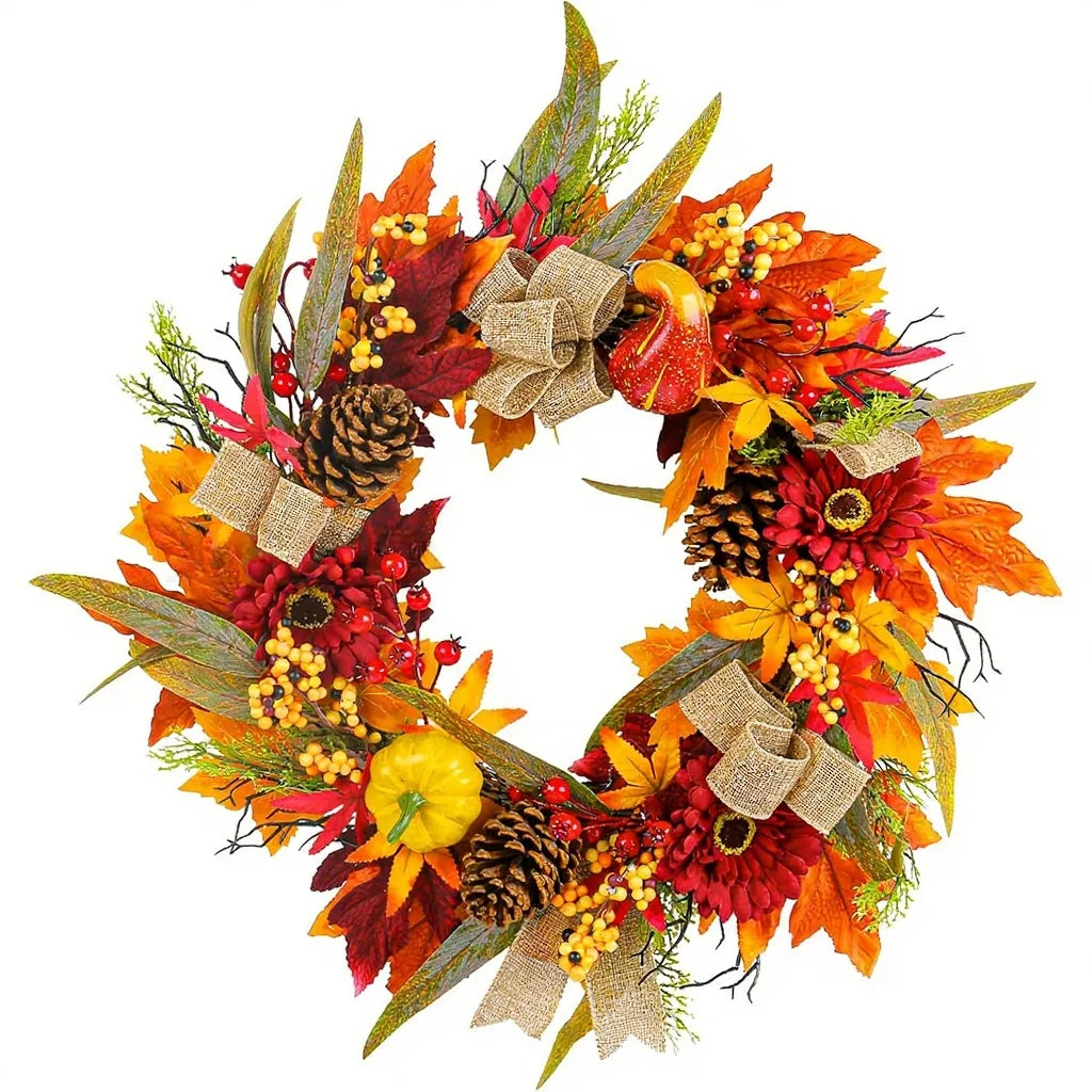 Autumn Door Wreath Christmas Halloween Decoration Pumpkin Berry Pine Cone Maple Artificial Cloth Rattan Material Home decoration Oasis Select