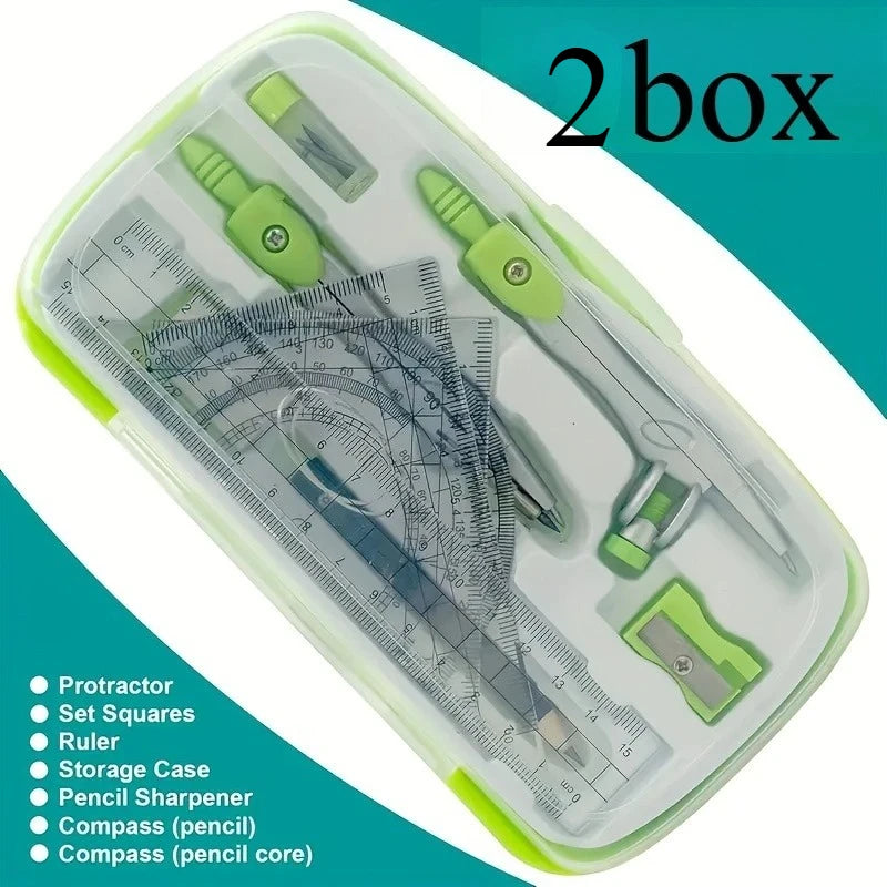 A set of 2-color geometric math stationery, including compasses, erasers, pencils, etc., suitable for drawing and measurement. Oasis Select Green