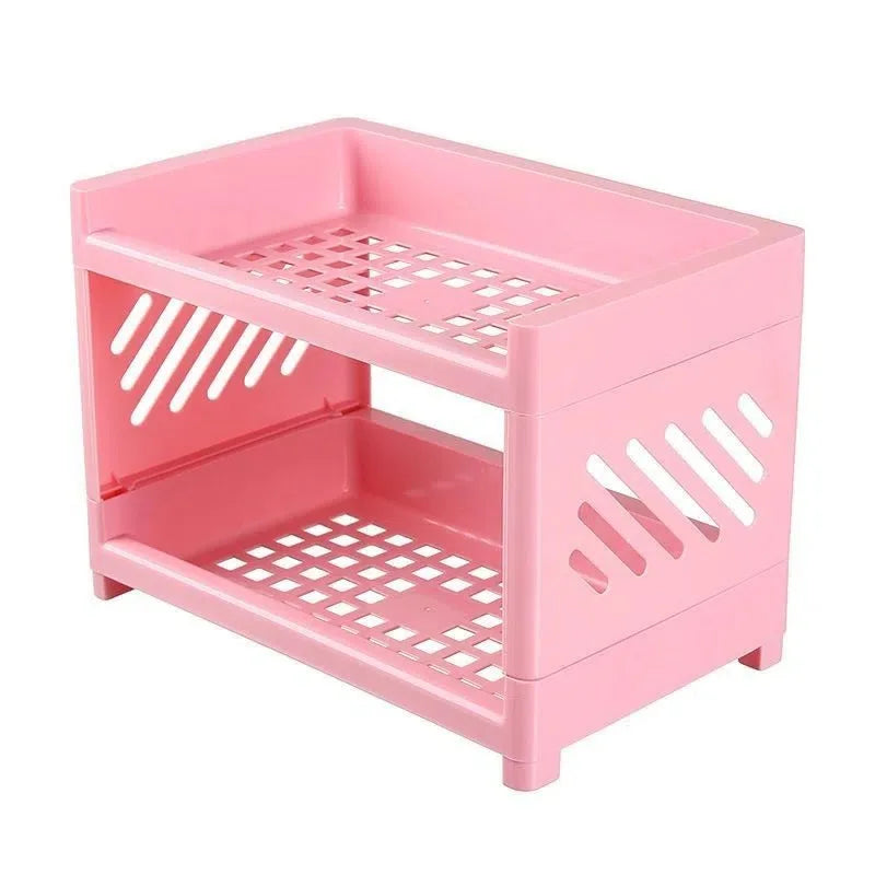 PP Desktop Double Layer Storage Rack Rectangular White Organizing Student Desk Office Cosmetics Stationery Shelf Oasis Select 2pcs pink